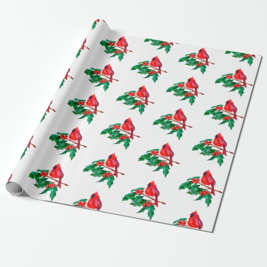 Red Cardinaal Bird op Holly Berry Branch Kerstmis Cadeaupapier (Uitgerold)