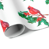 Red Cardinaal Bird op Holly Berry Branch Kerstmis Cadeaupapier (Rol Hoek)
