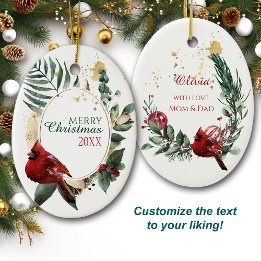 Red Cardinaal Green Leaf Wreath Holiday Keramisch Ornament