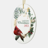 Red Cardinaal Green Leaf Wreath Holiday Keramisch Ornament (Links)