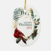 Red Cardinaal Green Leaf Wreath Holiday Keramisch Ornament (Voorkant)