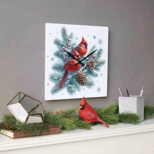 Red Cardinal Bird and Pine Wall Clock Vierkante Klok