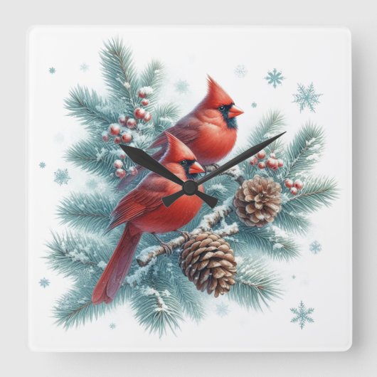 Red Cardinal Bird and Pine Wall Clock Vierkante Klok (Voorkant)