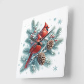 Red Cardinal Bird and Pine Wall Clock Vierkante Klok (Hoek)