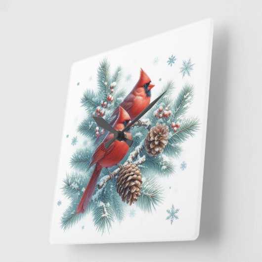 Red Cardinal Bird and Pine Wall Clock Vierkante Klok (Hoek)