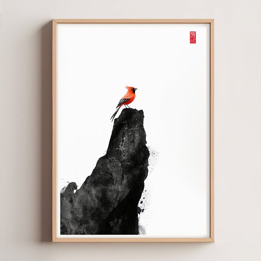 Red Cardinal Bird - Zen Ink Wash Wall Poster