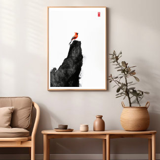 Red Cardinal Bird - Zen Ink Wash Wall Poster