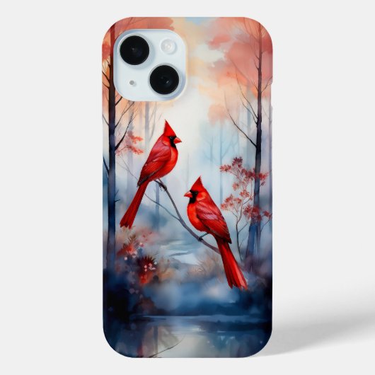 Red Cardinal Birds in a Misty Forest Case-Mate iPhone Case (Achterkant)