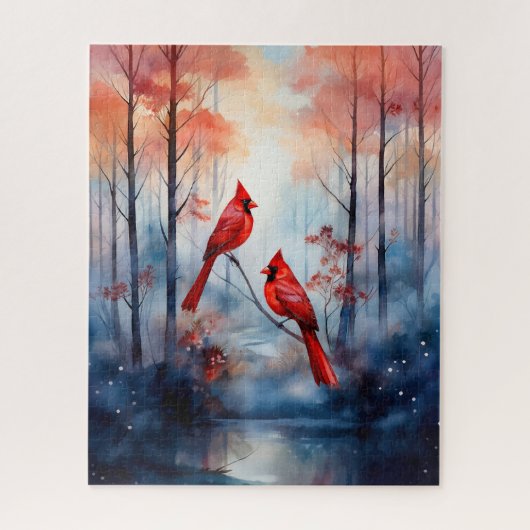 Red Cardinal Birds in a Misty Forest Legpuzzel (Verticaal)