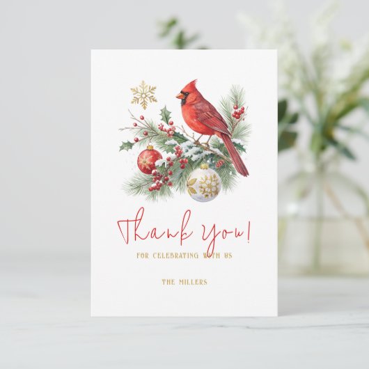 Red Cardinal Christmas Bouquet Personalized Text Bedankkaart (Staand voorkant)