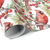 Red Cardinal en Red Berry Branch Kerstmis Cadeaupapier (Rol Hoek)