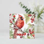 Red Cardinal en Red Berry Branch Kerstmis Feestdagenkaart (Staand voorkant)