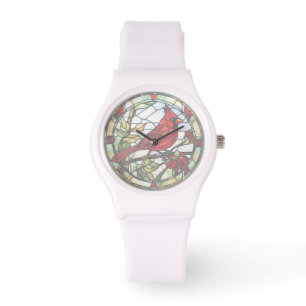 Red Cardinal Glas in lood Woodland Bird Horloge
