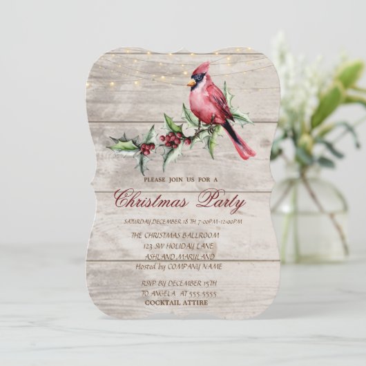Red Cardinal Holly Berry Wood Christmas Corporate Kaart (Staand voorkant)