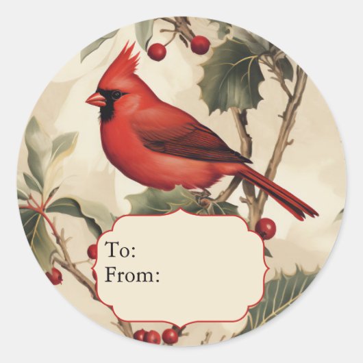 Red Cardinal & Holly Personalized To and From Ronde Sticker (Voorkant)