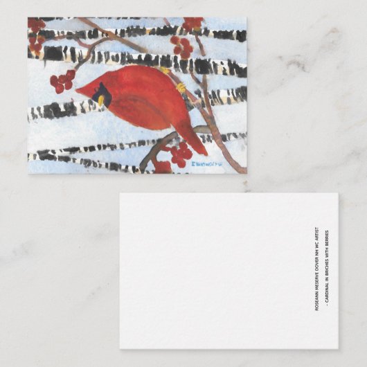 RED CARDINAL IN WHITE BIRCHES WITH BERRIES  NOTITIEKAARTJE (Voorkant / Achterkant)