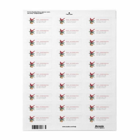Red Cardinal Kerstvakantie retouradres Etiket (Full Sheet)