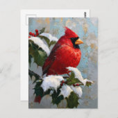 Red Cardinal on Snowy Holly Briefkaart (Voorkant / Achterkant)