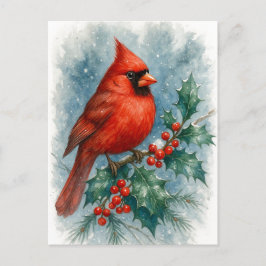 Red Cardinal on Winter Holly Christmas Postcard Feestdagenkaart