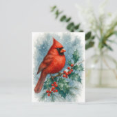 Red Cardinal on Winter Holly Christmas Postcard Feestdagenkaart (Staand voorkant)