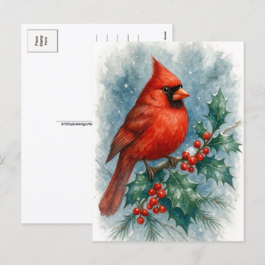 Red Cardinal on Winter Holly Christmas Postcard Feestdagenkaart (Voorkant / Achterkant)