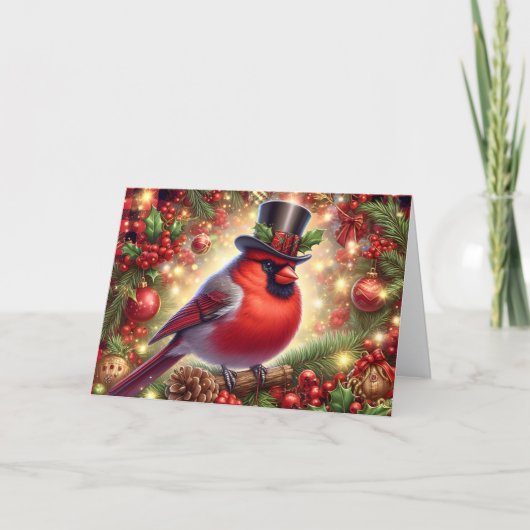 Red Cardinal wearing Top Hat Christmas Feestdagen Kaart (Voorkant)