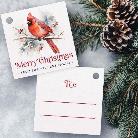 Red cardinal winter branch Merry Christmas to from Bedankjes Labels