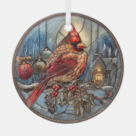 Red Cardinal Winter Scene with Holly  Glas Ornament