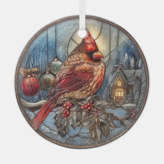 Red Cardinal Winter Scene with Holly  Glas Ornament (Voorkant)