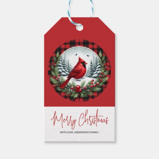 Red Cardinal with Holly Berries Cadeaulabel (Voorkant)