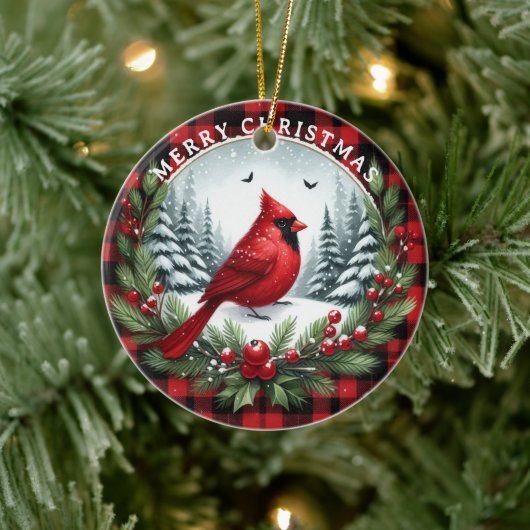 Red Cardinal with Holly Berries Keramisch Ornament (Boom)