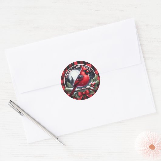 Red Cardinal with Holly Berries Ronde Sticker (Envelop)