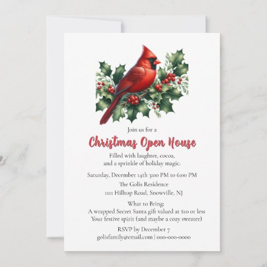 Red Cardinal with Holly Christmas  Open House  Kaart (Voorkant)