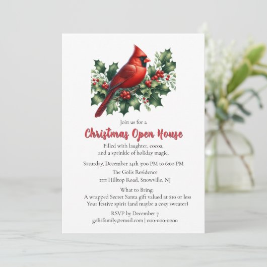 Red Cardinal with Holly Christmas Open House Kaart (Staand voorkant)