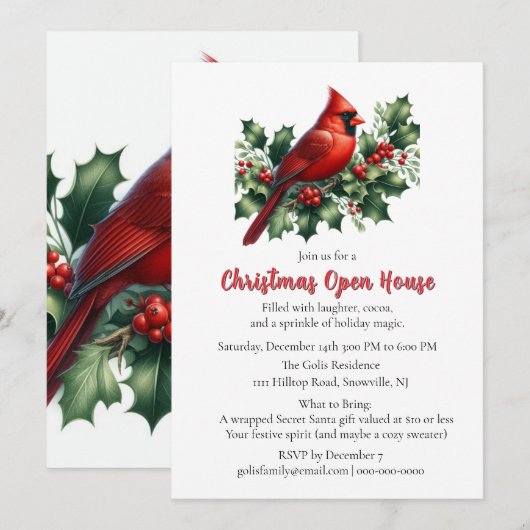 Red Cardinal with Holly Christmas  Open House  Kaart (Voorkant / Achterkant)