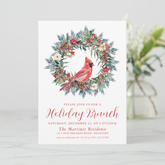 Red Cardinal Wreath Holiday Brunch Kaart (Staand voorkant)