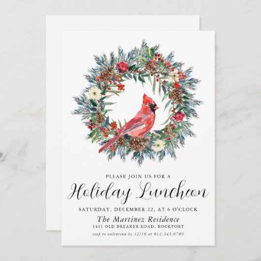 Red Cardinal Wreath Holiday Luncheon Kaart (Voorkant / Achterkant)