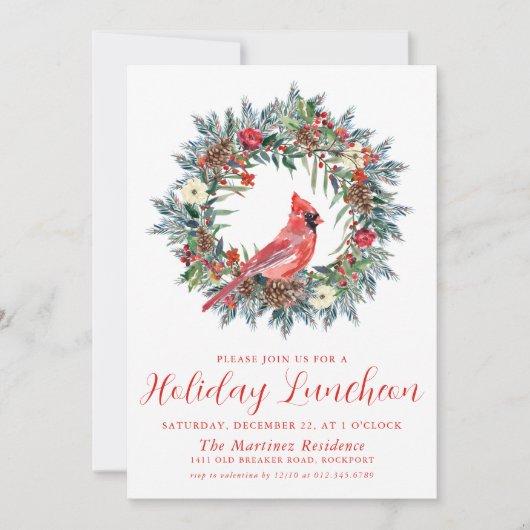 Red Cardinal Wreath Holiday Luncheon Kaart (Voorkant)