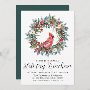 Red Cardinal Wreath Holiday Luncheon Kaart