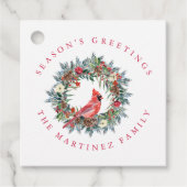 Red Cardinal Wreath Season's Groeten Gift Labels (Voorkant)