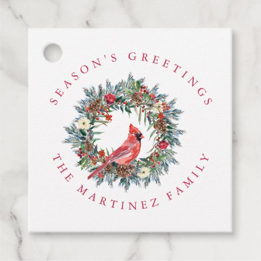Red Cardinal Wreath Season's Groeten Gift Labels (Voorkant)
