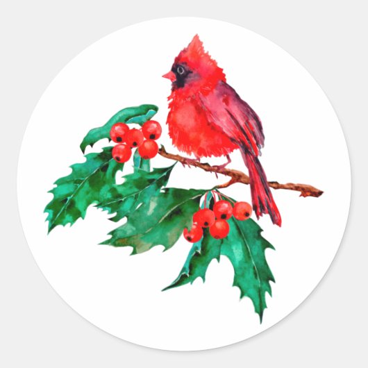 Red Cardinale Bird op Holly Berry Branch Ronde Sticker (Voorkant)