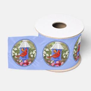 Red Cardinals Bird House Flower Garden Blue Grosgrain Lint