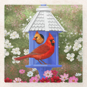 Red Cardinals Bird House Flower Garden Glazen Onderzetter
