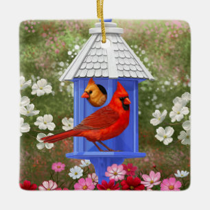 Red Cardinals Bird House Flower Garden Keramisch Ornament