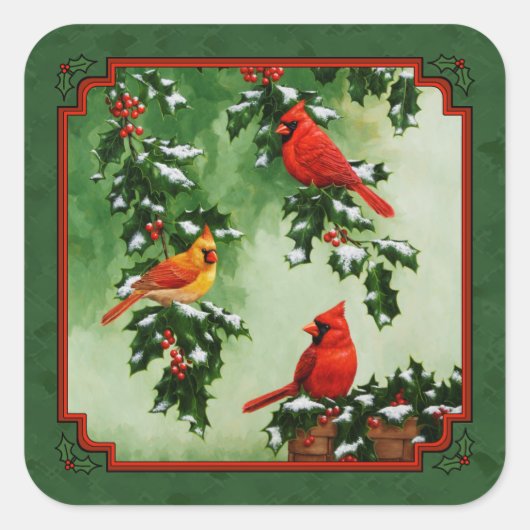 Red Cardinals en Holly Green Vierkante Sticker (Voorkant)
