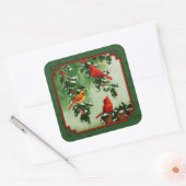 Red Cardinals en Holly Green Vierkante Sticker (Envelop)