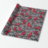 Red Cardinals Pattern Winter Woodland Kerstland Cadeaupapier (Uitgerold)