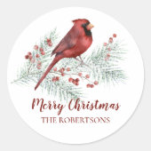 Red Cardinas Winter Pine Merry kerst Ronde Sticker (Voorkant)