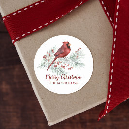 Red Cardinas Winter Pine Merry kerst Ronde Sticker
